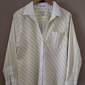 Chico's Cotton Blend Button-Up Shirt Stretch Green Striped Tunic, No Iron